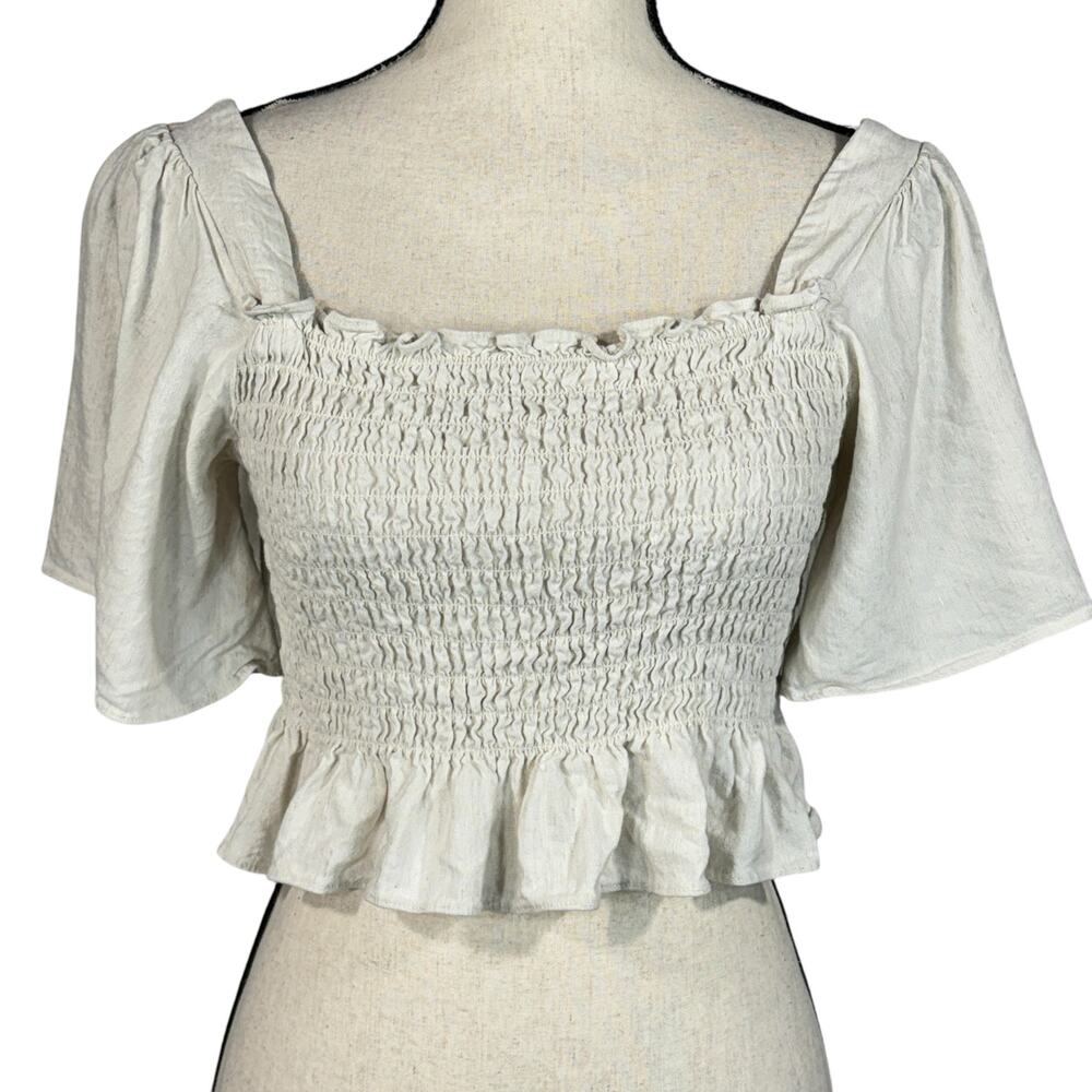 Lulus Medium Your Sunshine Top Linen Smocked Flutter Sleeve Square Neck Beige